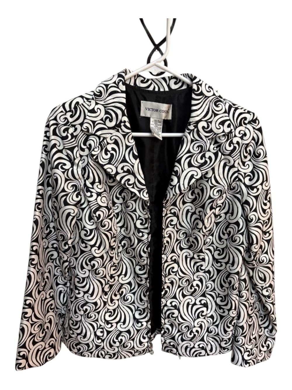 Victor Costa Beaded Scroll Print Black & White Blazer Jacket Size 10 Vintage - Picture 1 of 6